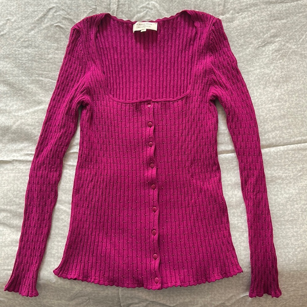 Sezane Fuchsia Ribbed Cardigan